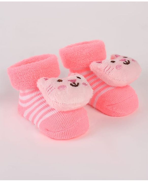Cute Walk by Babyhug Ankle Length Socks Shoes With Stripes & Kitty Applique - Pink