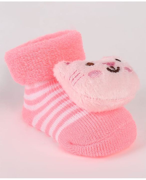 Cute Walk by Babyhug Ankle Length Socks Shoes With Stripes & Kitty Applique - Pink