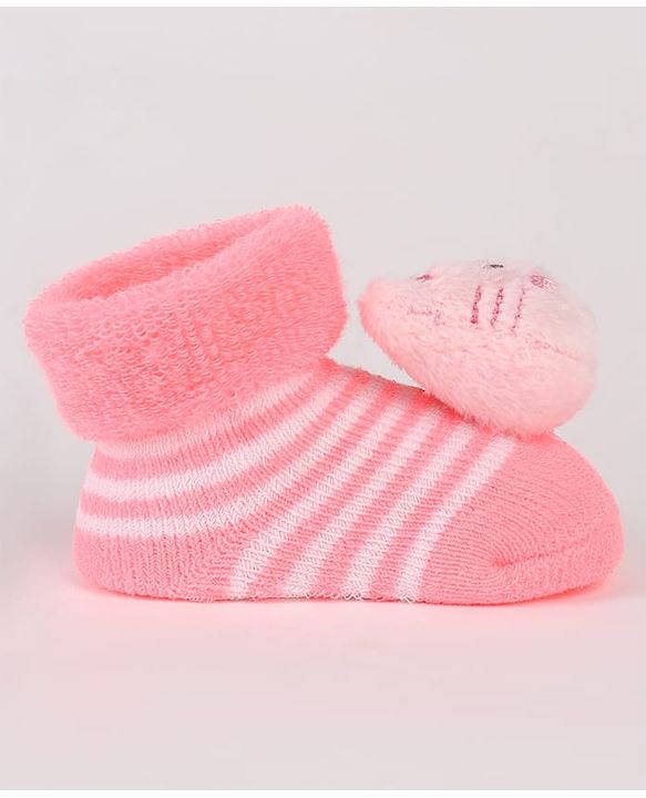 Cute Walk by Babyhug Ankle Length Socks Shoes With Stripes & Kitty Applique - Pink