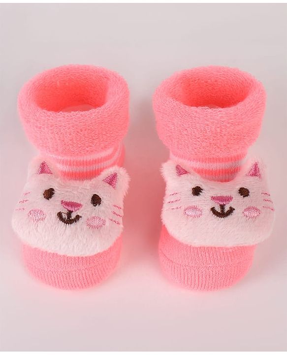 Cute Walk by Babyhug Ankle Length Socks Shoes With Stripes & Kitty Applique - Pink