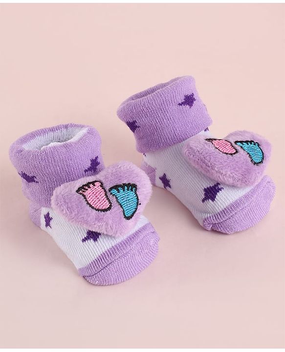 Cute Walk by Babyhug Fabric Socks Shoes With Star Print & Large Heart Applique - Purple