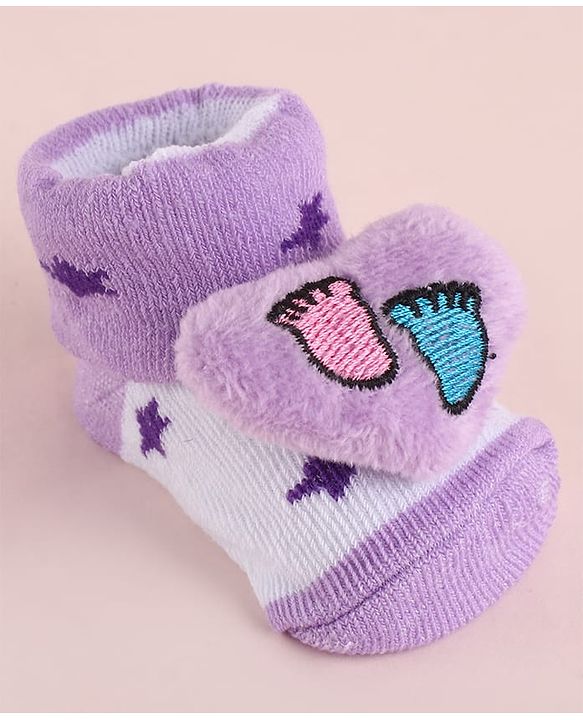 Cute Walk by Babyhug Fabric Socks Shoes With Star Print & Large Heart Applique - Purple