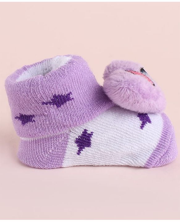 Cute Walk by Babyhug Fabric Socks Shoes With Star Print & Large Heart Applique - Purple