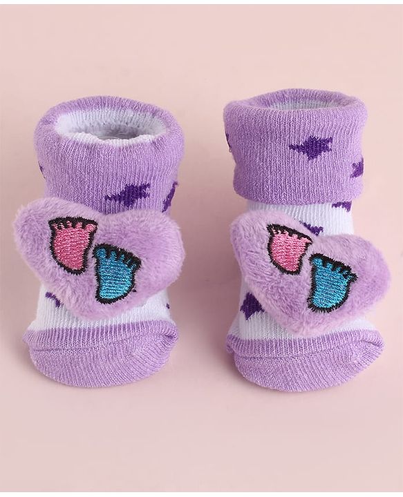 Cute Walk by Babyhug Fabric Socks Shoes With Star Print & Large Heart Applique - Purple