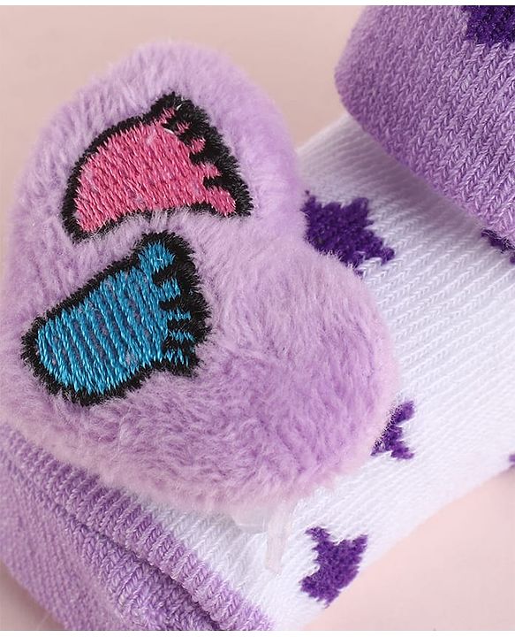 Cute Walk by Babyhug Fabric Socks Shoes With Star Print & Large Heart Applique - Purple
