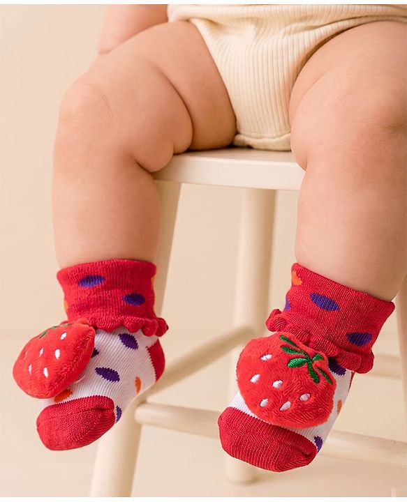 Cute Walk by Babyhug Fabric Ankle Length Socks Shoes with Polka Dots Design & Strawberry Applique- Red & White