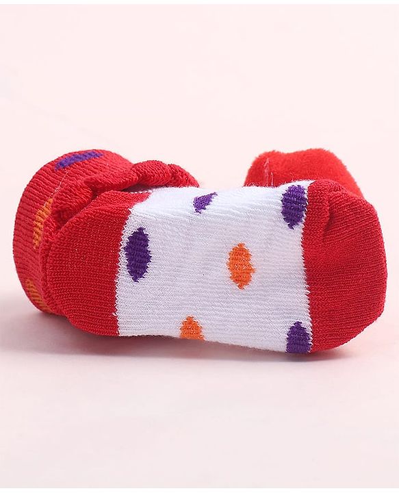 Cute Walk by Babyhug Fabric Ankle Length Socks Shoes with Polka Dots Design & Strawberry Applique- Red & White
