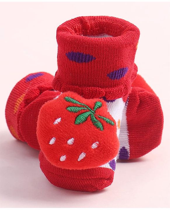 Cute Walk by Babyhug Fabric Ankle Length Socks Shoes with Polka Dots Design & Strawberry Applique- Red & White