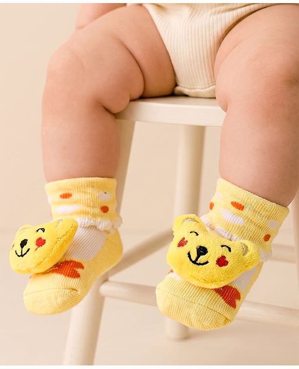 Cute Walk by Babyhug Sock Shoes with Bear Applique & Heart Design - Yellow