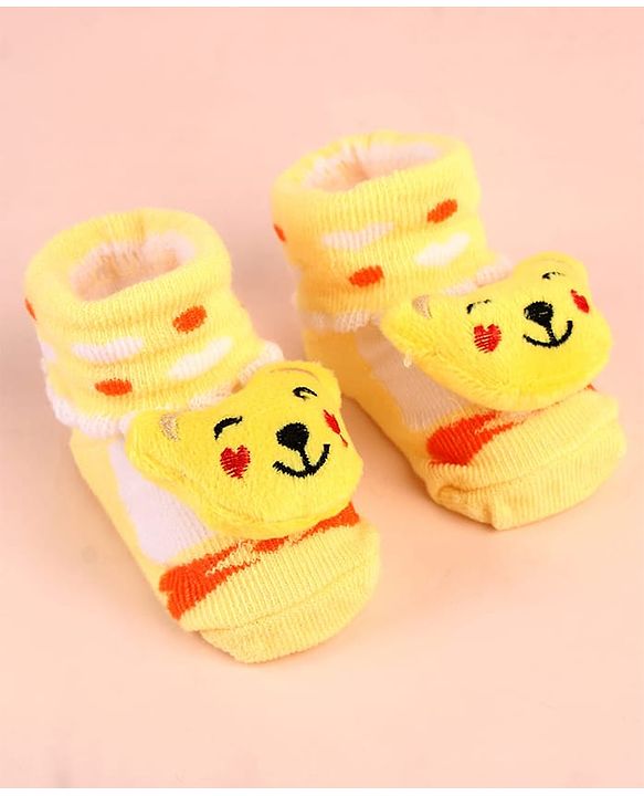 Cute Walk by Babyhug Sock Shoes with Bear Applique & Heart Design - Yellow