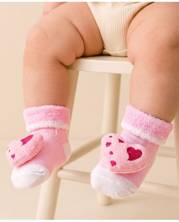 Cute Walk by Babyhug Sock Shoes with Heart Applique & Design - Pink