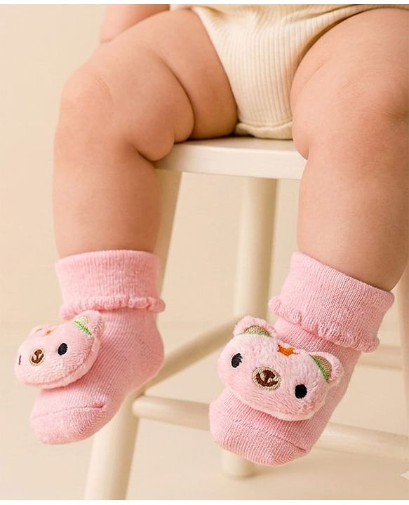 Cute Walk by Babyhug Sock Shoes with Bear Applique - Pink