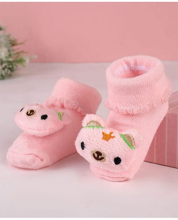 Cute Walk by Babyhug Sock Shoes with Bear Applique - Pink