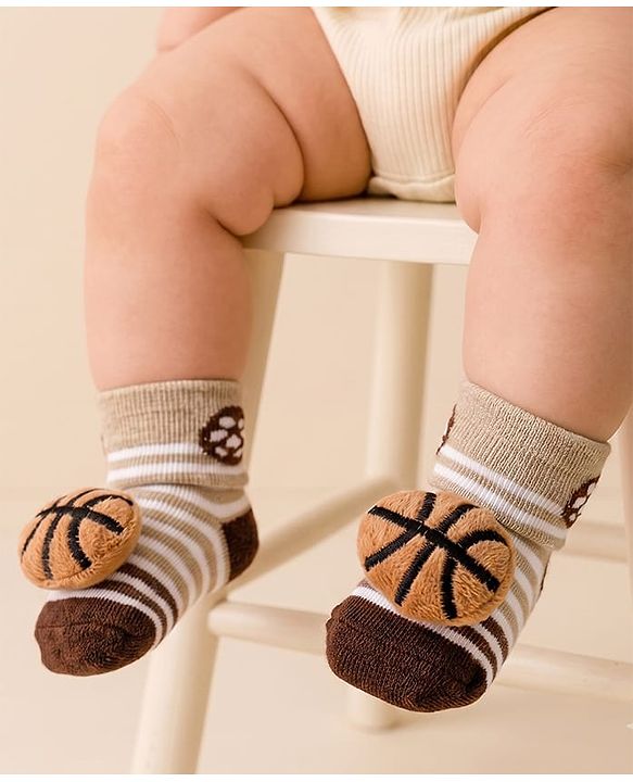 Cute Walk by Babyhug Sock Shoes with Ball Applique & Stripes - Brown