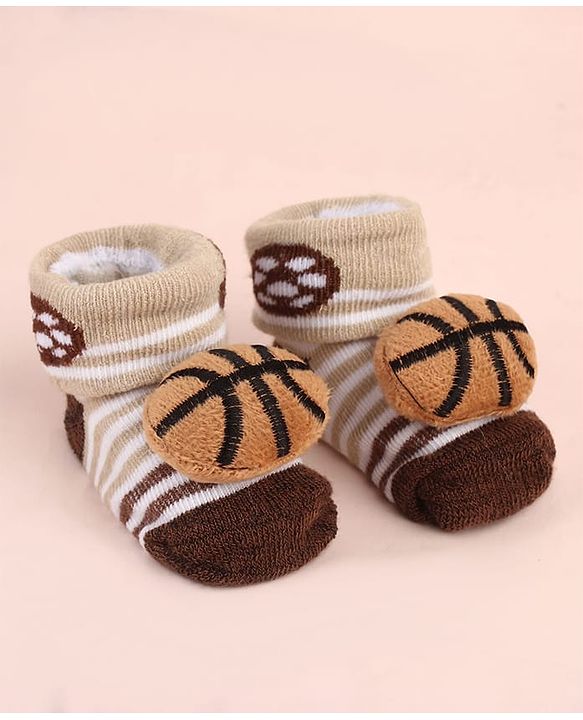 Cute Walk by Babyhug Sock Shoes with Ball Applique & Stripes - Brown