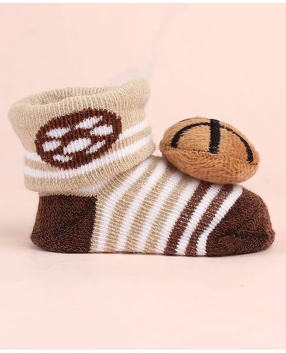 Cute Walk by Babyhug Sock Shoes with Ball Applique & Stripes - Brown