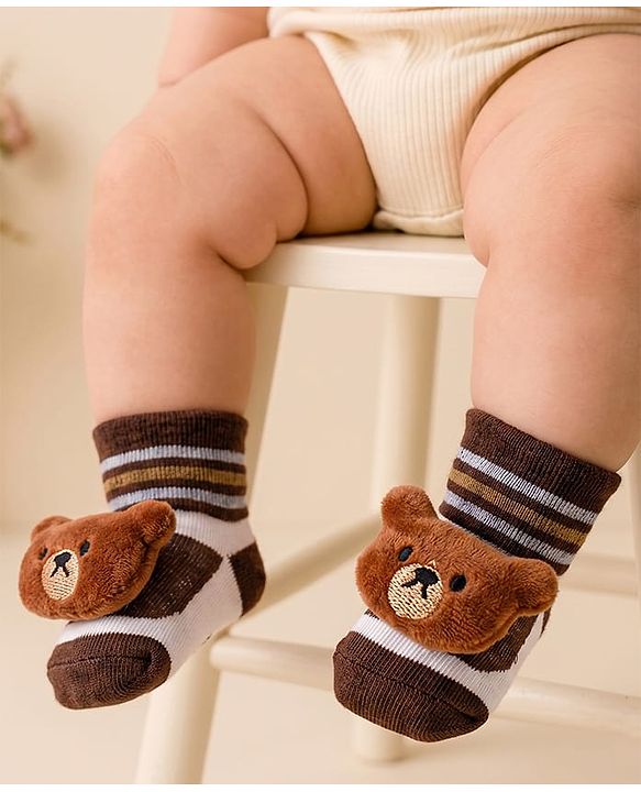 Cute Walk by Babyhug Sock Shoes with Bear Applique & Stripes - Brown