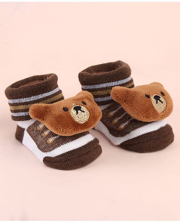 Cute Walk by Babyhug Sock Shoes with Bear Applique & Stripes - Brown