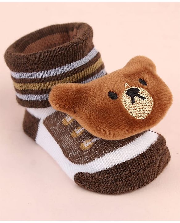Cute Walk by Babyhug Sock Shoes with Bear Applique & Stripes - Brown