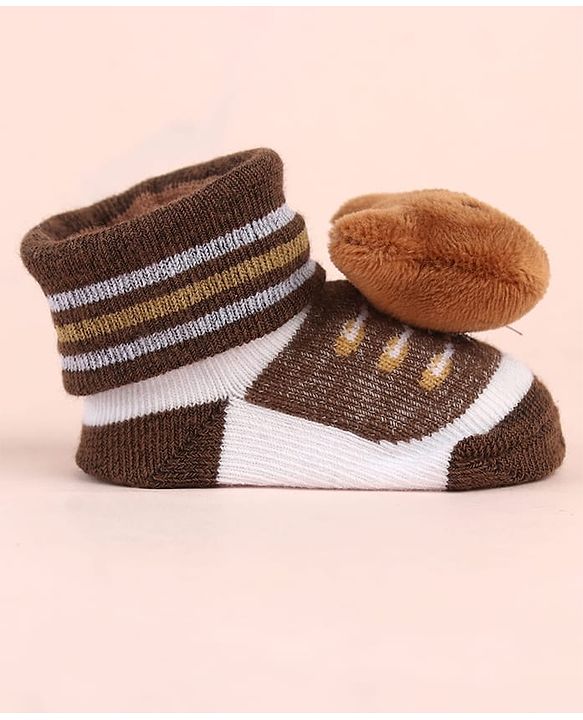Cute Walk by Babyhug Sock Shoes with Bear Applique & Stripes - Brown