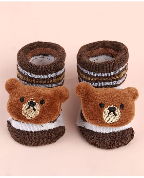 Cute Walk by Babyhug Sock Shoes with Bear Applique & Stripes - Brown