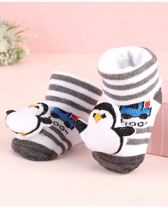 Cute Walk by Babyhug Sock Shoes with Penguin Applique & Stripes - Multicolor