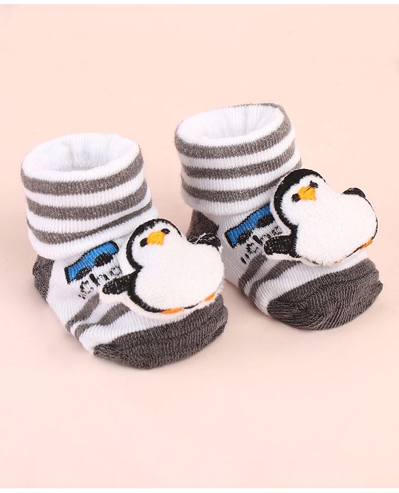 Cute Walk by Babyhug Sock Shoes with Penguin Applique & Stripes - Multicolor