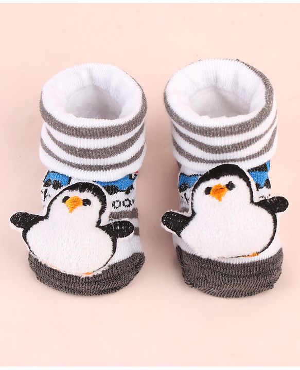 Cute Walk by Babyhug Sock Shoes with Penguin Applique & Stripes - Multicolor