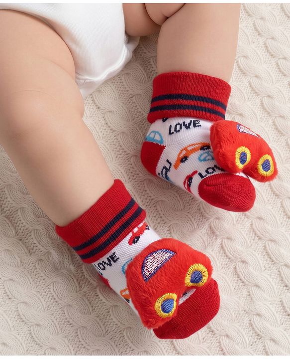 Cute Walk by Babyhug Sock Shoes with Car Applique & Design - Red