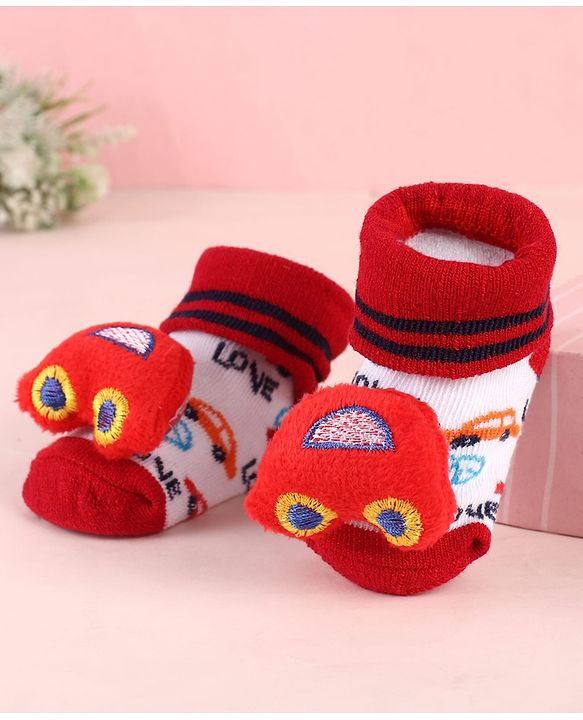 Cute Walk by Babyhug Sock Shoes with Car Applique & Design - Red