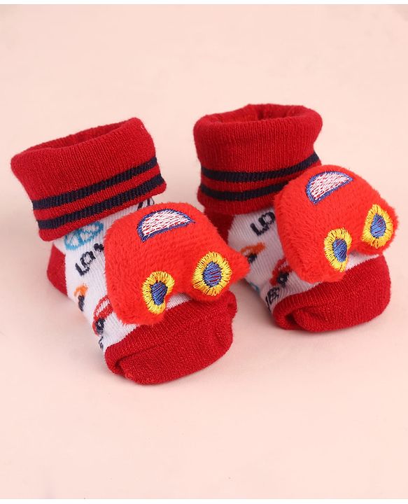 Cute Walk by Babyhug Sock Shoes with Car Applique & Design - Red