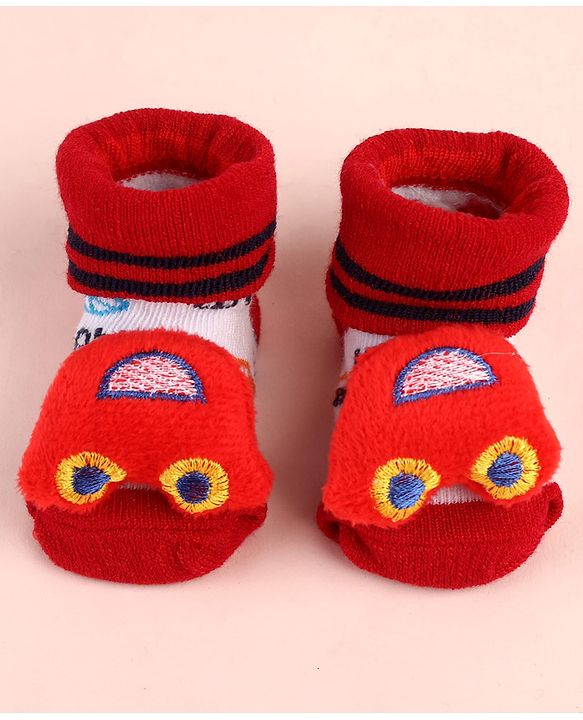 Cute Walk by Babyhug Sock Shoes with Car Applique & Design - Red