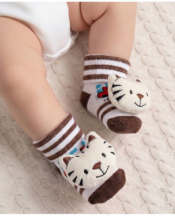 Cute Walk by Babyhug Ankle Length Socks Shoes With Tiger Applique Stripes & Vehicles Design- Brown