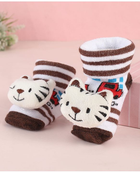 Cute Walk by Babyhug Ankle Length Socks Shoes With Tiger Applique Stripes & Vehicles Design- Brown