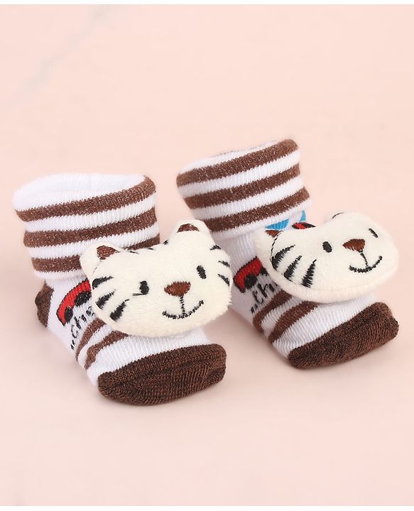 Cute Walk by Babyhug Ankle Length Socks Shoes With Tiger Applique Stripes & Vehicles Design- Brown