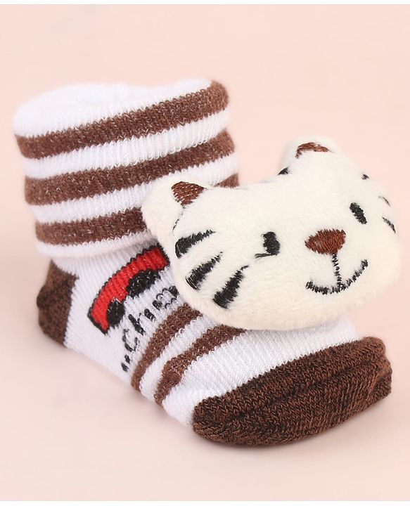 Cute Walk by Babyhug Ankle Length Socks Shoes With Tiger Applique Stripes & Vehicles Design- Brown