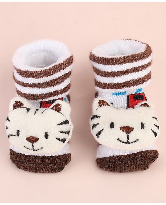 Cute Walk by Babyhug Ankle Length Socks Shoes With Tiger Applique Stripes & Vehicles Design- Brown