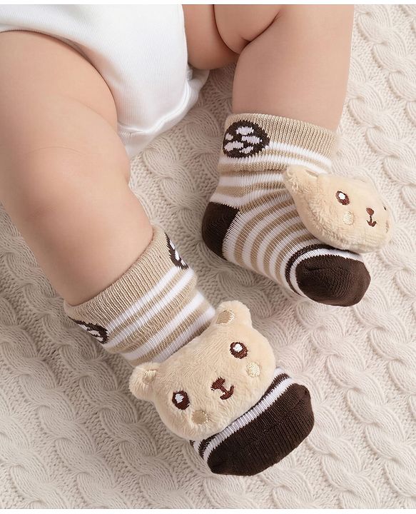 Cute Walk by Babyhug Ankle Length Socks Shoes With Panda Applique & Stripes - Multicolour