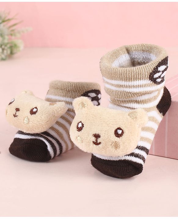 Cute Walk by Babyhug Ankle Length Socks Shoes With Panda Applique & Stripes - Multicolour