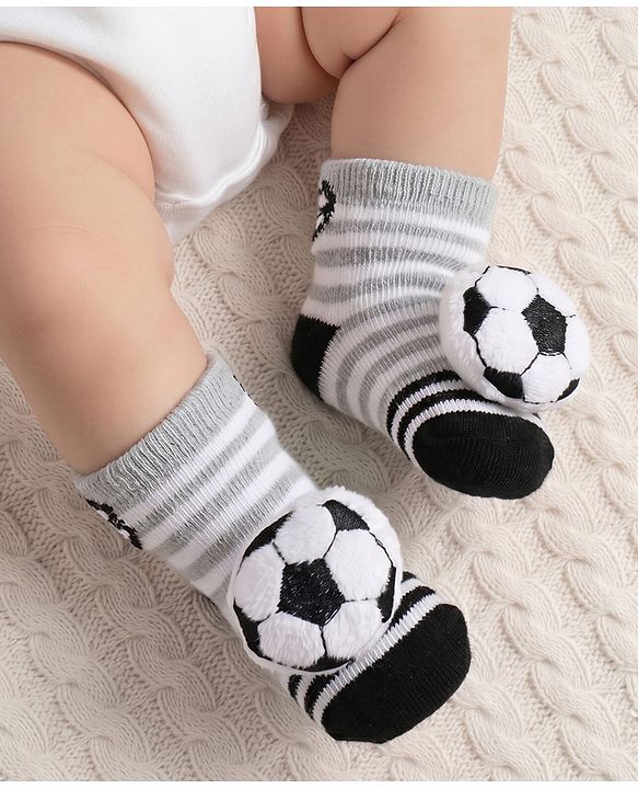 Cute Walk by Babyhug Ankle Length Socks Shoes With Ball Applique & Stripes - Multicolour