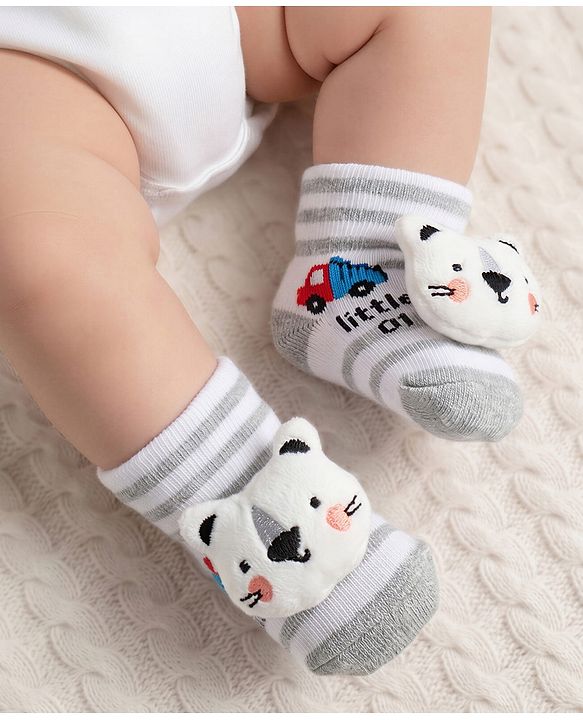 Cute Walk by Babyhug Ankle Length Socks Shoes With Animal Applique & Stripes & Vehicles Design - Grey