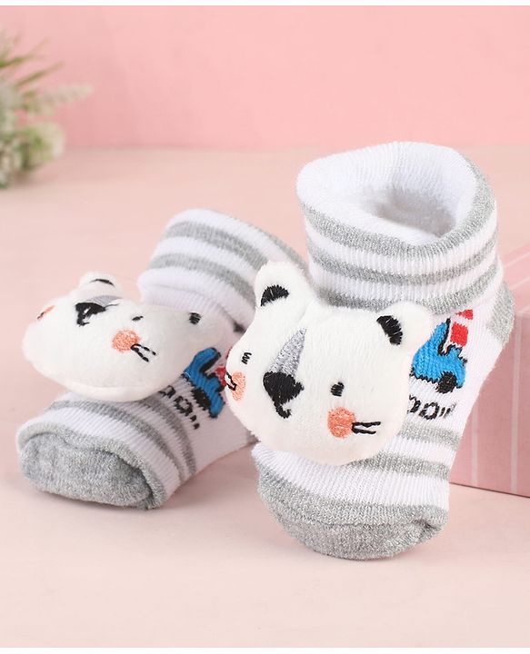 Cute Walk by Babyhug Ankle Length Socks Shoes With Animal Applique & Stripes & Vehicles Design - Grey