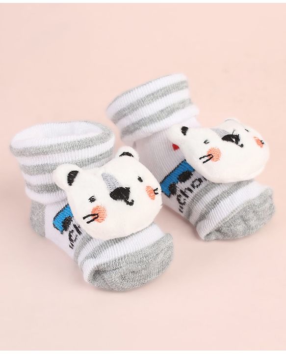 Cute Walk by Babyhug Ankle Length Socks Shoes With Animal Applique & Stripes & Vehicles Design - Grey