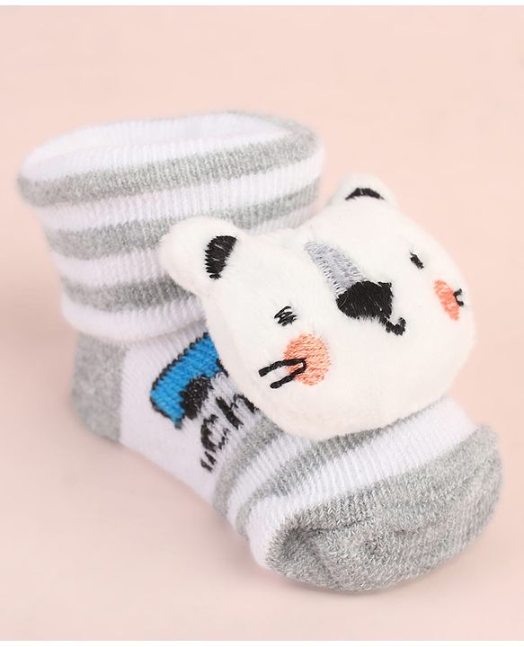 Cute Walk by Babyhug Ankle Length Socks Shoes With Animal Applique & Stripes & Vehicles Design - Grey