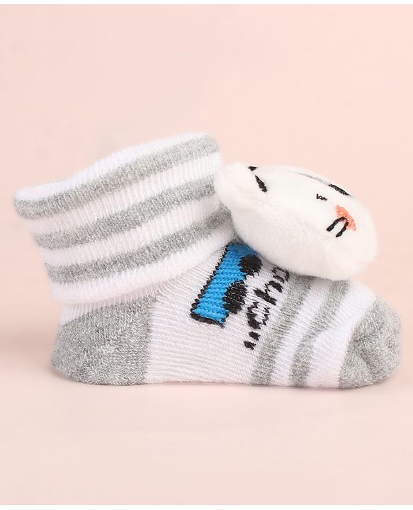 Cute Walk by Babyhug Ankle Length Socks Shoes With Animal Applique & Stripes & Vehicles Design - Grey