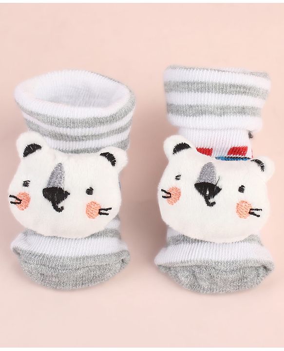 Cute Walk by Babyhug Ankle Length Socks Shoes With Animal Applique & Stripes & Vehicles Design - Grey