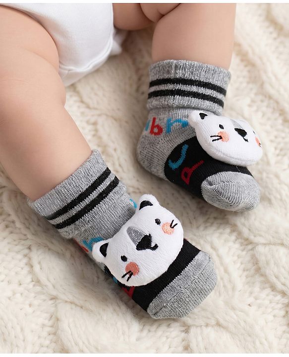Cute Walk by Babyhug Ankle Length Socks Shoes With Animal Applique & Stripes - Grey