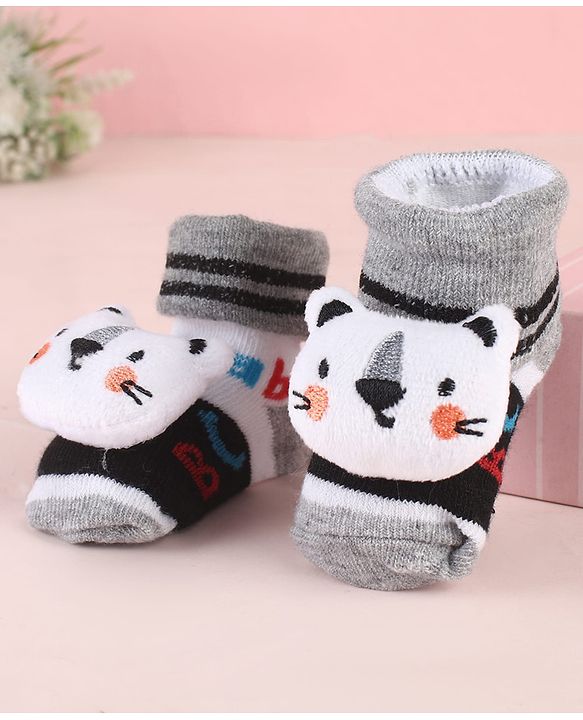 Cute Walk by Babyhug Ankle Length Socks Shoes With Animal Applique & Stripes - Grey