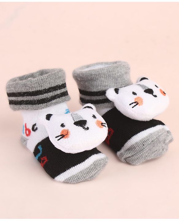 Cute Walk by Babyhug Ankle Length Socks Shoes With Animal Applique & Stripes - Grey