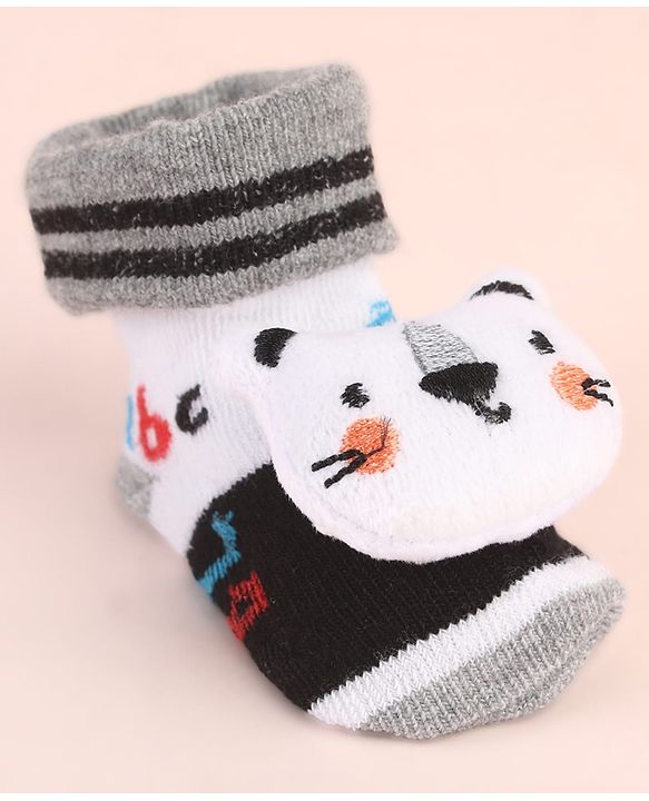 Cute Walk by Babyhug Ankle Length Socks Shoes With Animal Applique & Stripes - Grey
